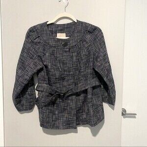 Magaschoni Blazer Jacket Navy Blue White Tweed Belted Preppy Women's 6 Office